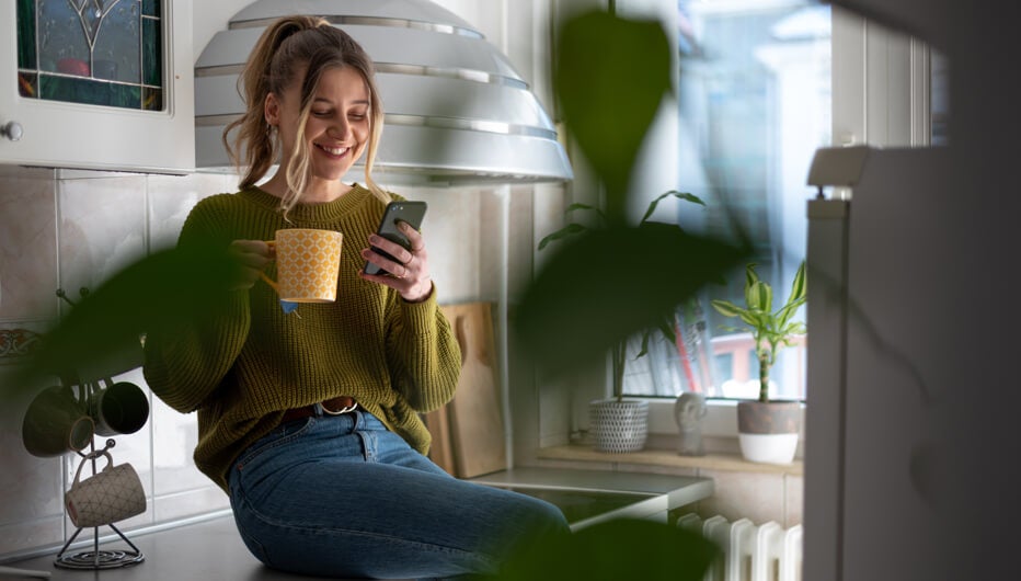 girl phone coffee kitchen