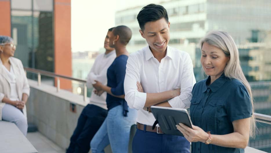 Business people diversity, tablet or office balcony in digital m